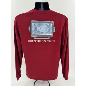 Southern Tide T-Shirt Mens Medium M Red Fish Finder GPS Long Sleeve Tee Cotton
